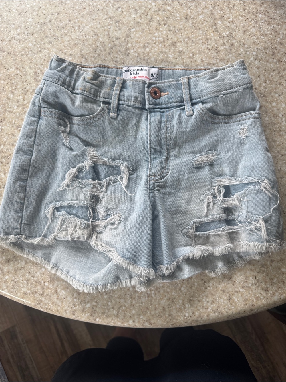 abercrombie kids light blue distressed denim shorts